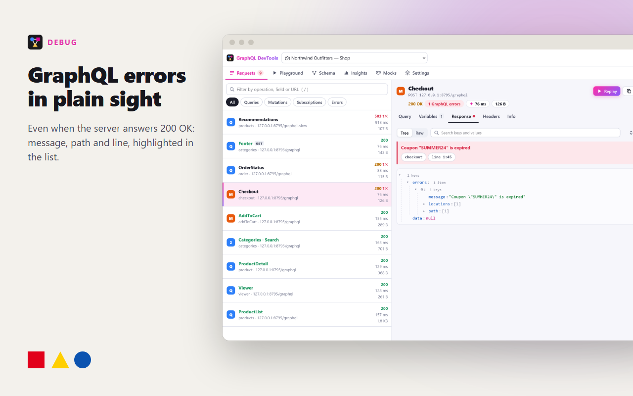 GraphQL errors highlighted in the request list and in the response