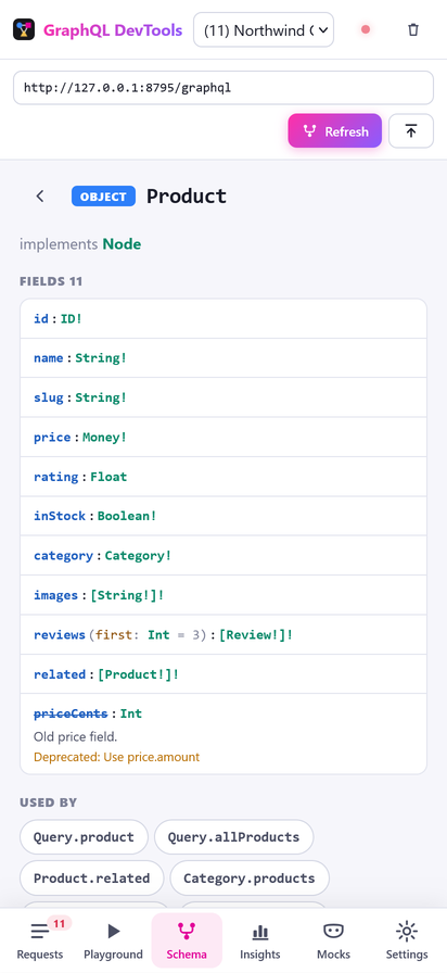 Schema explorer on a phone